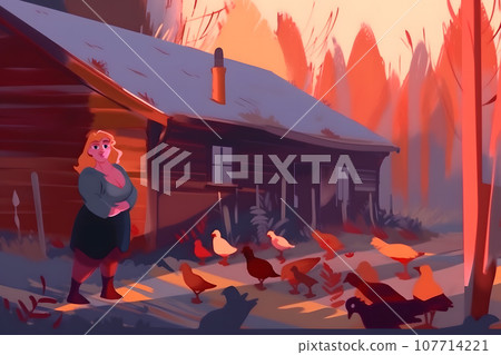 Woman and chickens in the village cartoon style. Neural network AI generated 107714221