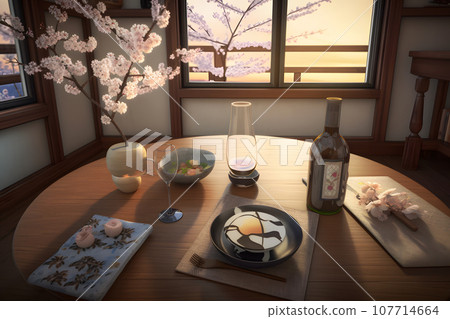 Still life on a table in the garden. Neural network AI generated 107714664