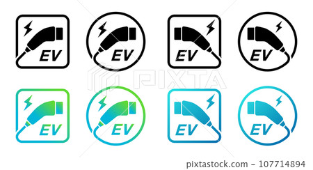 Vector icon set of electric vehicle charging plug, EV charging outlet, charging spot 107714894