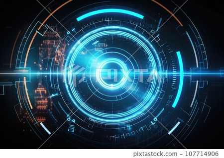 Abstract technology hud interface hologram elements neon lights, circle percent vitality innovation on hi tech future design. Generative AI 107714906