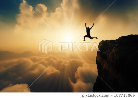 Silhouette Man jumping from cliff. Generative AI 107715069