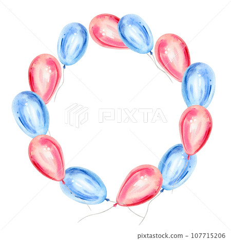 watercolor hand drawn wreath with air blue and pink transparent balloons, round frame, sketch of event decoration isolated on white background watercolor hand drawn wreath with air blue and pink transparent balloons, round frame, sketch of event decoration isolated on white background 107715206