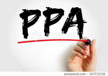 PPA - Power Purchase Agreement is a contract between two parties, one which generates electricity and one which is looking to purchase electricity, acronym text concept background PPA - Power Purchase Agreement is a contract between two parties, one which generates electricity and one which is looking to purchase electricity, acronym text concept background 107715530