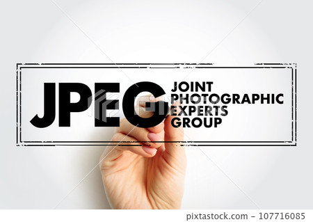 JPEG Joint Photographic Experts Group is an group of experts that develops and maintains standards for a suite of compression algorithms for computer image files, acronym text concept background 107716085