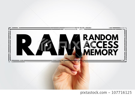 RAM Random Access Memory - form of computer memory that can be read and changed in any order, acronym text concept stamp 107716125