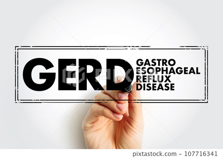 GERD - Gastroesophageal Reflux Disease acronym text stamp, medical concept background GERD - Gastroesophageal Reflux Disease acronym text stamp, medical concept background 107716341