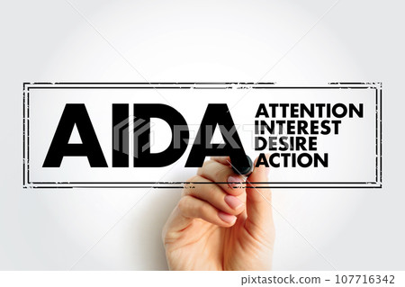 AIDA (marketing) Attention Interest Desire Action - one of a class of models known as hierarchy of effects models, acronym text concept stamp AIDA (marketing) Attention Interest Desire Action - one of a class of models known as hierarchy of effects models, acronym text concept stamp 107716342
