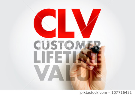 CLV Customer Lifetime Value - prognostication of the net profit contributed to the whole future relationship with a customer, text concept for presentations and reports 107716451