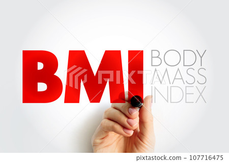 BMI Body Mass Index - value derived from the mass and height of a person, acronym text concept background 107716475