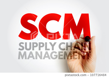 SCM Supply Chain Management - management of the flow of goods and services, between businesses and locations, acronym text concept background 107716484
