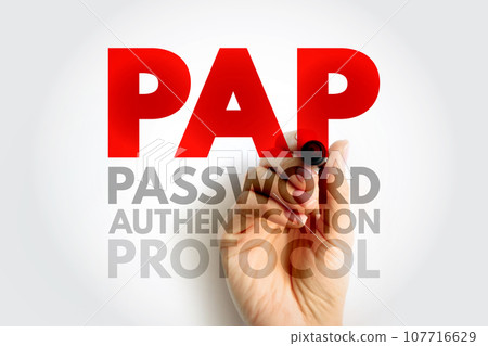 PAP Password Authentication Protocol - password-based authentication protocol used by Point to Point Protocol to validate users, acronym text concept background PAP Password Authentication Protocol - password-based authentication protocol used by Point to Point Protocol to validate users, acronym text concept background 107716629