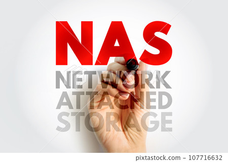 NAS Network-Attached Storage - file-level computer data storage server connected to a computer network, acronym text concept background NAS Network-Attached Storage - file-level computer data storage server connected to a computer network, acronym text concept background 107716632