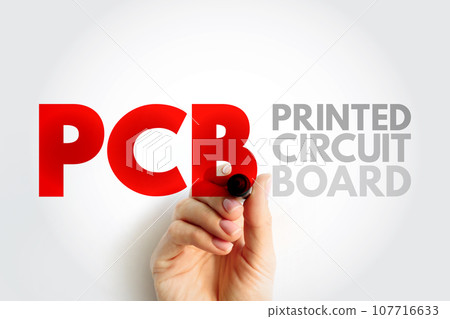 PCB Printed Circuit Board - laminated sandwich structure of conductive and insulating layers, acronym text concept background 107716633