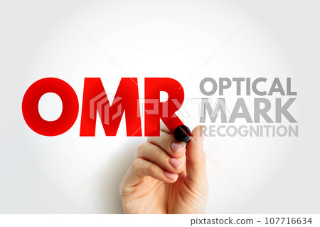OMR Optical Mark Recognition - process of reading information that people mark on surveys, tests and other paper documents, acronym text concept background 107716634