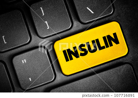 Insulin is a peptide hormone produced by beta cells of the pancreatic islets encoded in humans by the INS gene, text button on keyboard, concept background 107716891
