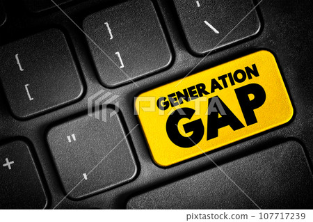 Generation gap - difference of opinions between one generation and another regarding beliefs, politics, or values, text concept button on keyboard 107717239