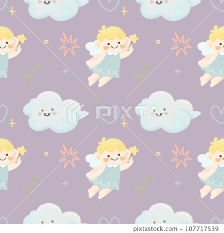 Cute kawaii cartoon  Christmas seamless pattern with little boy angel and cloud , doodle hand drawn water colour illustration. 107717539