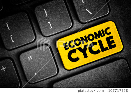 Economic Cycle - overall state of the economy as it goes through four stages in a cyclical pattern, text concept button on keyboard 107717558