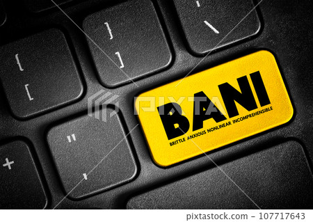BANI - Brittle Anxious Nonlinear Incomprehensible acronym, encompasses instability and chaotic, surprising, and disorienting situations, concept button on keyboard 107717643