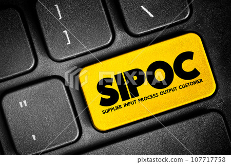 SIPOC process improvement acronym stands for suppliers, inputs, process, outputs, and customers, concept button on keyboard 107717758