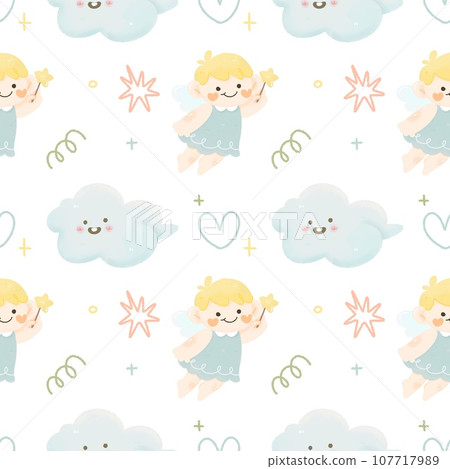 Cute kawaii cartoon  Christmas seamless pattern with little boy angel and cloud , doodle hand drawn water colour illustration. 107717989