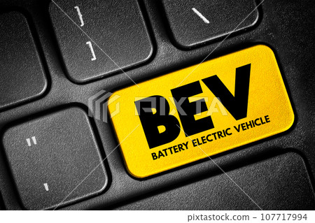 BEV Battery Electric Vehicle - type of electric vehicle that exclusively uses chemical energy stored in rechargeable battery packs, acronym concept button on keyboard 107717994