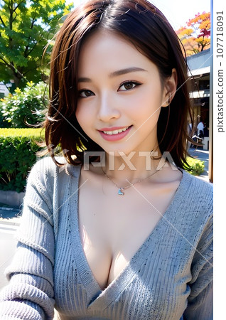 A woman wearing a open-chested knit takes a selfie (AI generated) 107718091