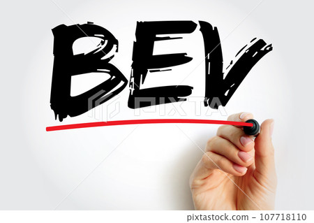 BEV Battery Electric Vehicle - type of electric vehicle that exclusively uses chemical energy stored in rechargeable battery packs, acronym concept for presentations and reports BEV Battery Electric Vehicle - type of electric vehicle that exclusively uses chemical energy stored in rechargeable battery packs, acronym concept for presentations and reports 107718110