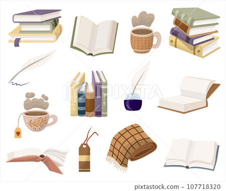 A cozy set of books, open books and books stacked in piles. Different attributes to read. Vector illustration 107718320