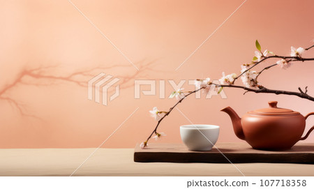 A cup of tea and flowers on pink background A cup of tea and flowers on pink background 107718358