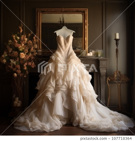 wedding dress hanging in the wardrobe 107718364