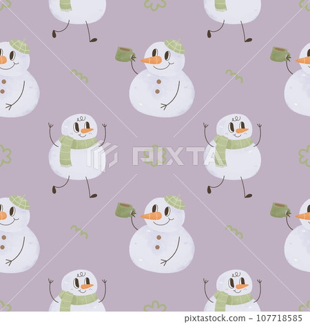 Cute kawaii cartoon  Christmas seamless pattern with snowman groovy retro , doodle hand drawn watercolor childish illustration. 107718585