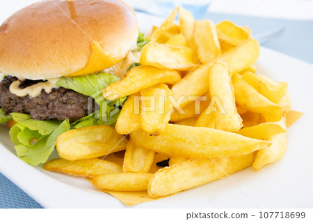 Delicious burgers and fries in the restaurant Delicious burgers and fries in the restaurant 107718699