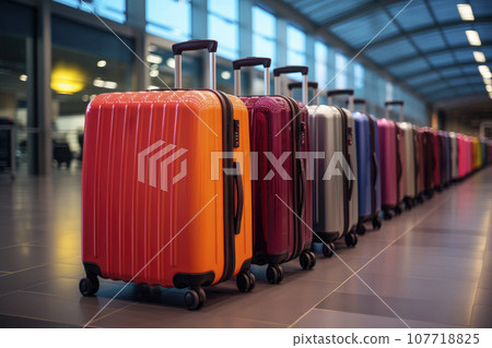 Row of luggage Standing At Empty Airport Corridor. AI generated. 107718825