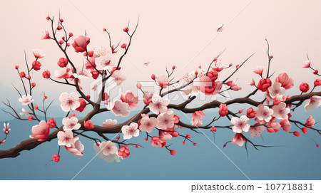 Card with blossoming oriental cherry branch.AI generated. Card with blossoming oriental cherry branch.AI generated. 107718831