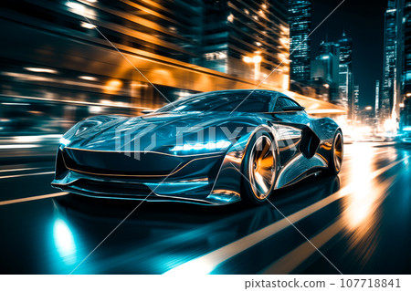 High speed sports car driving in the city streets. AI generated. High speed sports car driving in the city streets. AI generated. 107718841