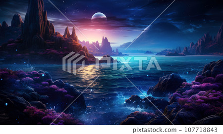 Night futuristic seascape. Large stones, rocks on the shore with neon blue light.AI generated. 107718843