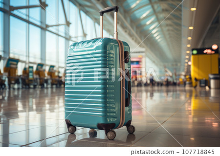 Blue Plastic Suitcase Standing At Airport Terminal.AI generated. Blue Plastic Suitcase Standing At Airport Terminal.AI generated. 107718845