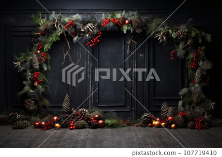 Festive doorway adorned with rustic holiday decorations of pine branches red berries and assorted ornaments on dark wooden background. Generative AI Festive doorway adorned with rustic holiday decorations of pine branches red berries and assorted ornaments on dark wooden background. Generative AI 107719410