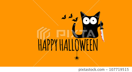 Happy halloween greeting card or banner with Black cat holding bloody knife isolated on orange background. Funny Halloween black cat holding a bloody knife . Halloween vector design template 107719515