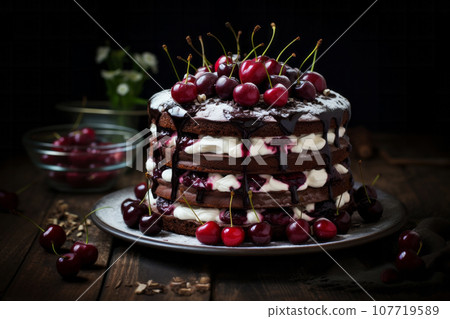 Black forest cake with ripe cherry and whipped cream filling on wooden kitchen table. Generative AI 107719589