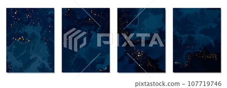 Vector Set of luxury posters design. Abstract backgrounds for poster, brochure, invitation, cover book, catalog, elegant card design, wedding with abstract navy blue ink and golden 107719746
