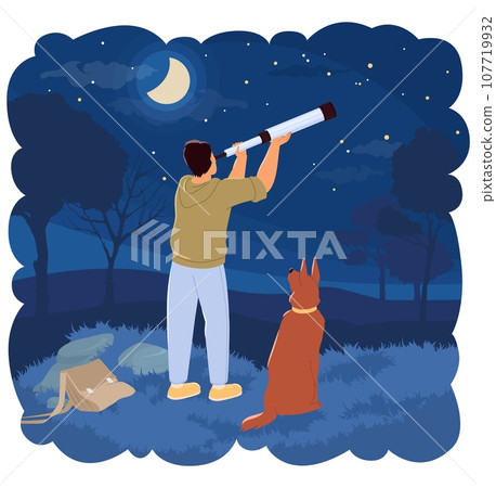 Young man with dog in park looking through spyglass into starry sky Young man with dog in park looking through spyglass into starry sky 107719932