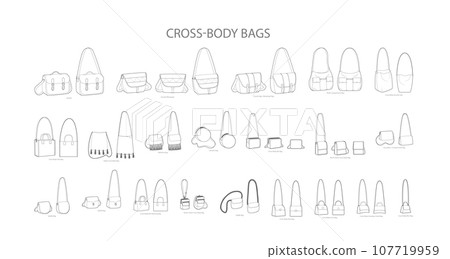 Set of Cross-Body Bags silhouette. Fashion accessory technical illustration. Vector satchel front 3-4 view for Men women 107719959