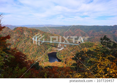 Ryujin Suspension Bridge and Dam colored with autumn leaves from Ryujinkyo Akaiwa Observation Deck 107720457