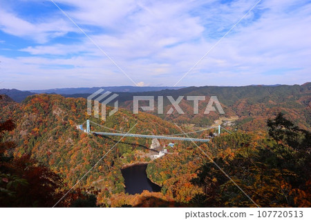 Ryujin Suspension Bridge and Dam colored with autumn leaves from Ryujinkyo Akaiwa Observation Deck 107720513