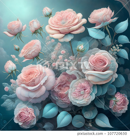 Flower realistic blue pink colour abstract pattern. Floral colour 107720630