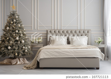 White modern bedroom with snowy Christmas tree decorated white balls. Generative AI. White modern bedroom with snowy Christmas tree decorated white balls. Generative AI. 107721113