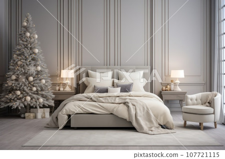 White modern bedroom with snowy Christmas tree decorated white balls. Generative AI. White modern bedroom with snowy Christmas tree decorated white balls. Generative AI. 107721115