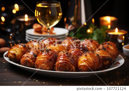 Christmas homemade Bacon Pigs in blankets for traditional festive dinner. Close up Christmas homemade Bacon Pigs in blankets for traditional festive dinner. Close up 107721124